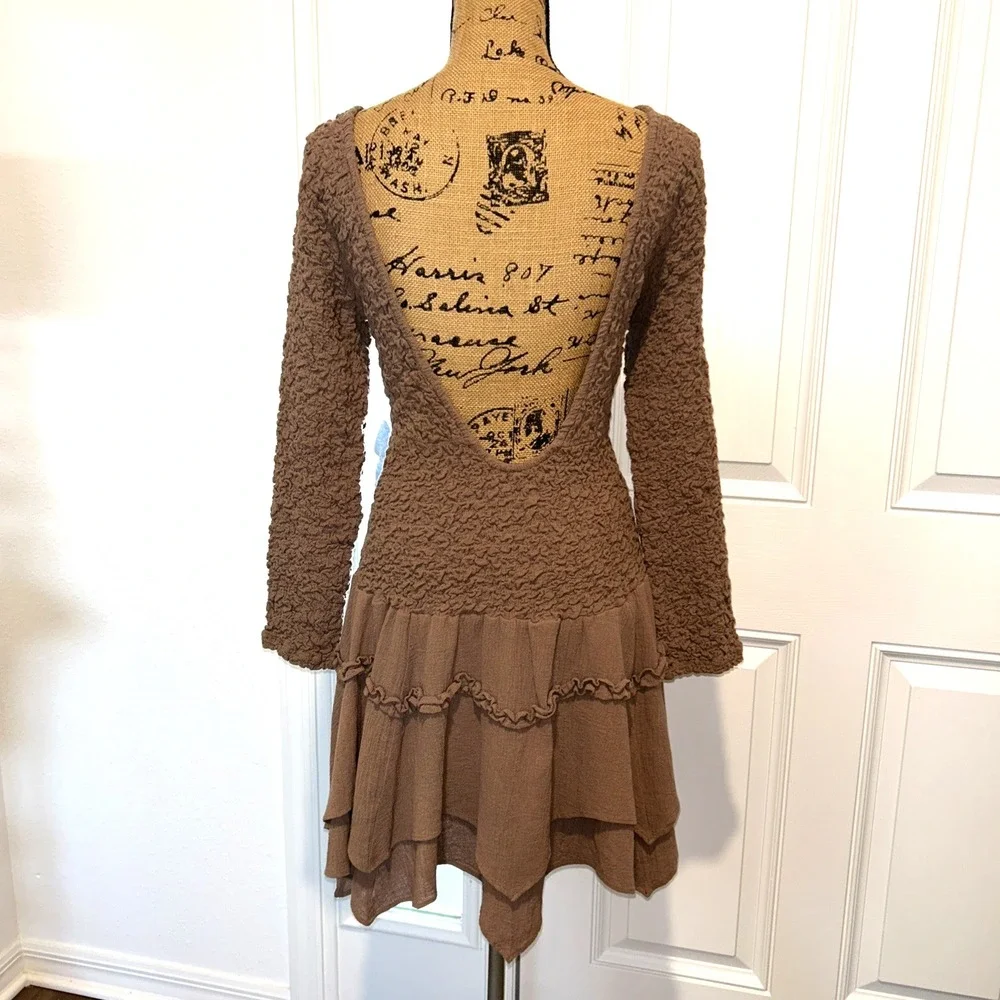Free People Cotton Mini Dress What A Time Drop-Waist Smocked‎ Backless Brown M